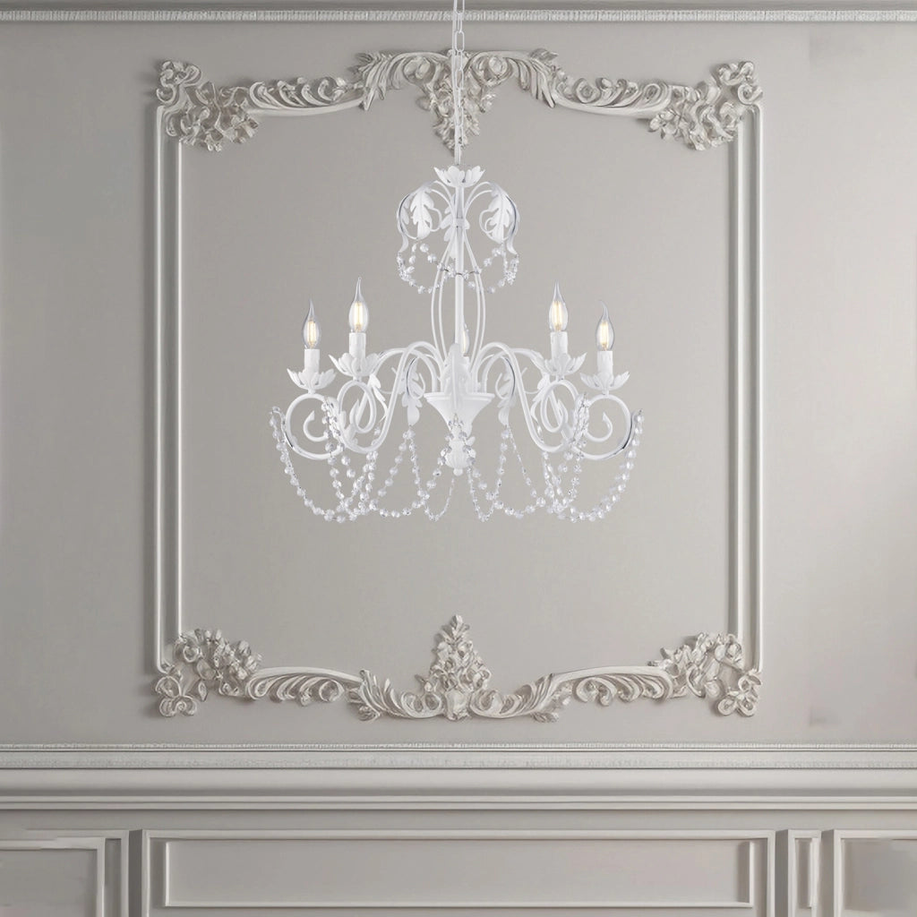 Lampadario Shabby Damasco 5 Luci Ferro Battuto Bianco E Cristalli
