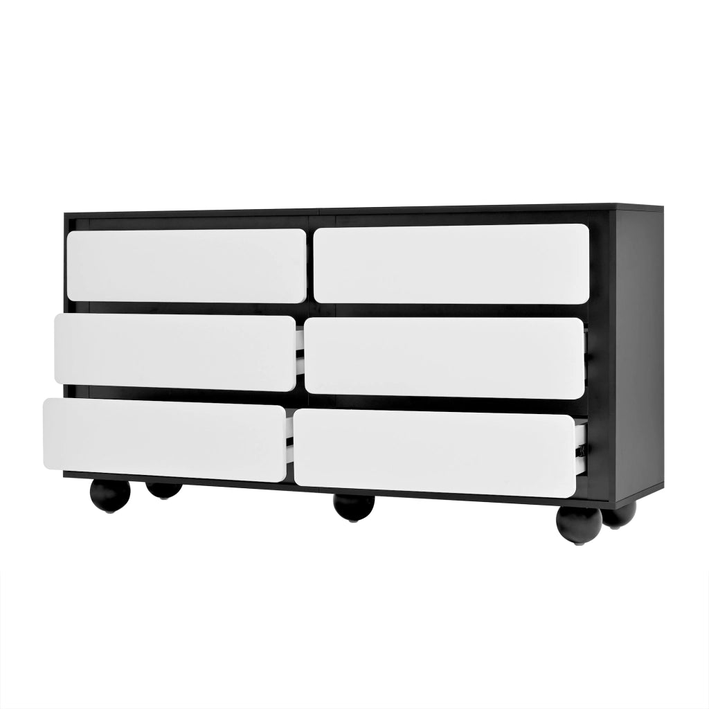 Credenza Cassettiera con 6 Cassetti; Angoli Arrotondati; Piedini in Metallo; Stile Moderno; in Pannello Truciolare; 140??38??74;5 cm; Bianco Nero