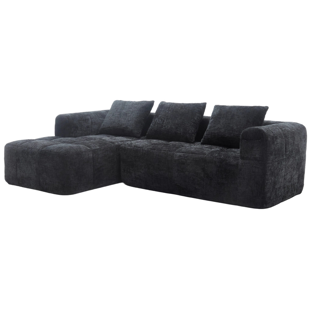 Divano modulare a L, 3 posti, tessuto chenille nero, con chaise longue e braccioli, 3 cuscini inclusi