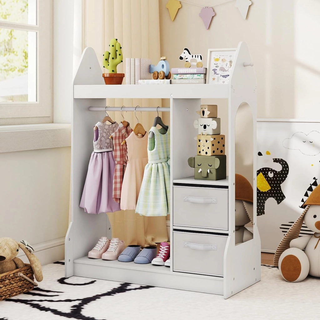 Guardaroba per Bambini, Armadio Gioco con Specchio Appendiabiti, Cassette in Tessuto Pieghevoli, Organizer per Stanza e Camera da Letto, 81 x 38 x 107 cm (Bianco)