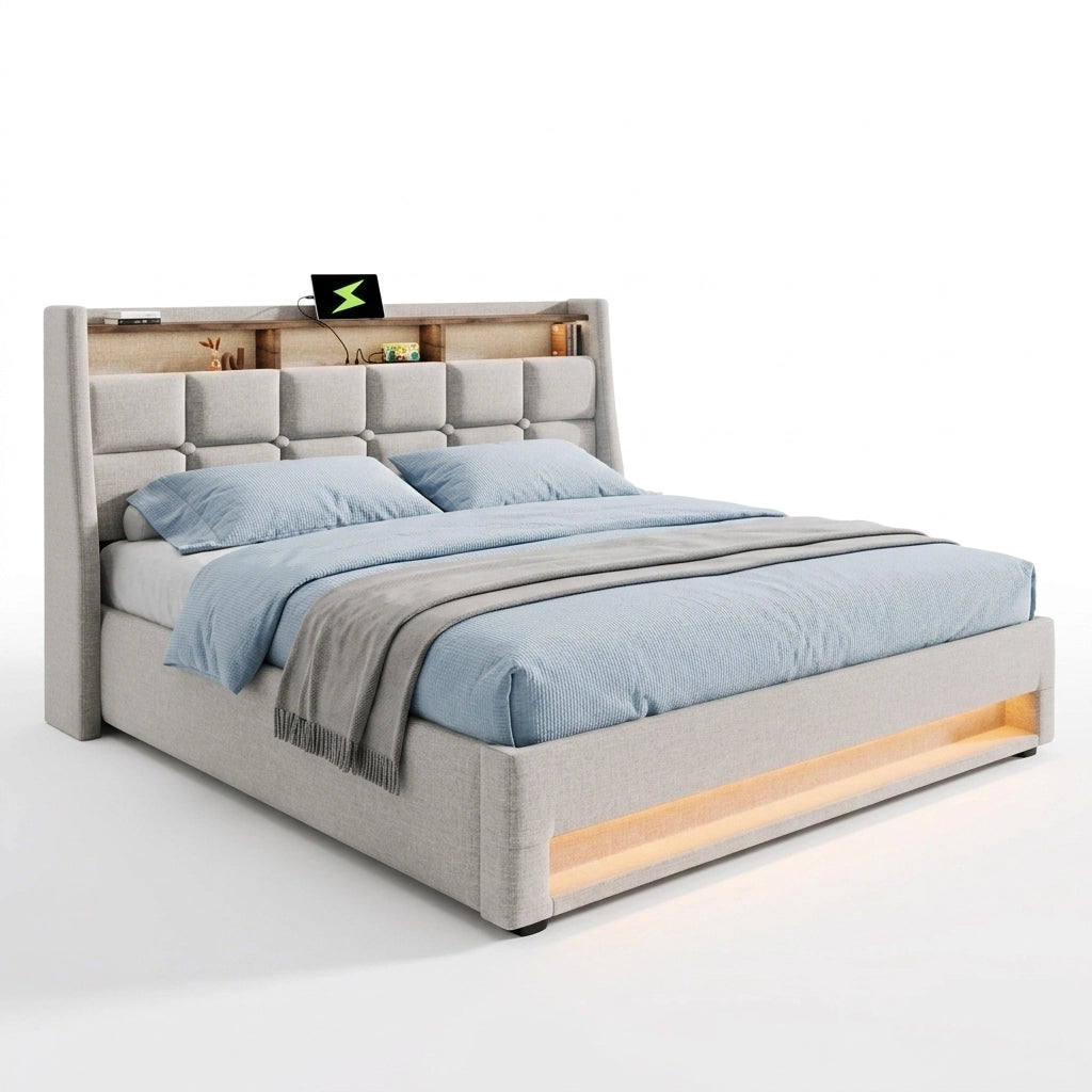 Letto matrimoniale imbottito 180x200 cm con LED e USB; stile vintage; lino beige