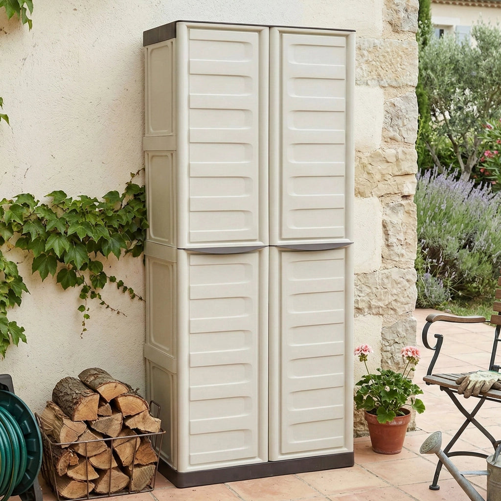 Armadio multiuso da esterno o Adenina, Mobile a 2 ante e 3 ripiani in polipropilene, 100% Made in Italy,cm 70x39h165, colore Beige
