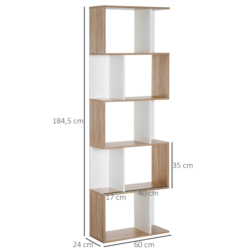 Libreria a S con 5 Ripiani ¨C Zephmum ¨C 60x24x184,5cm Bianco e Legno
