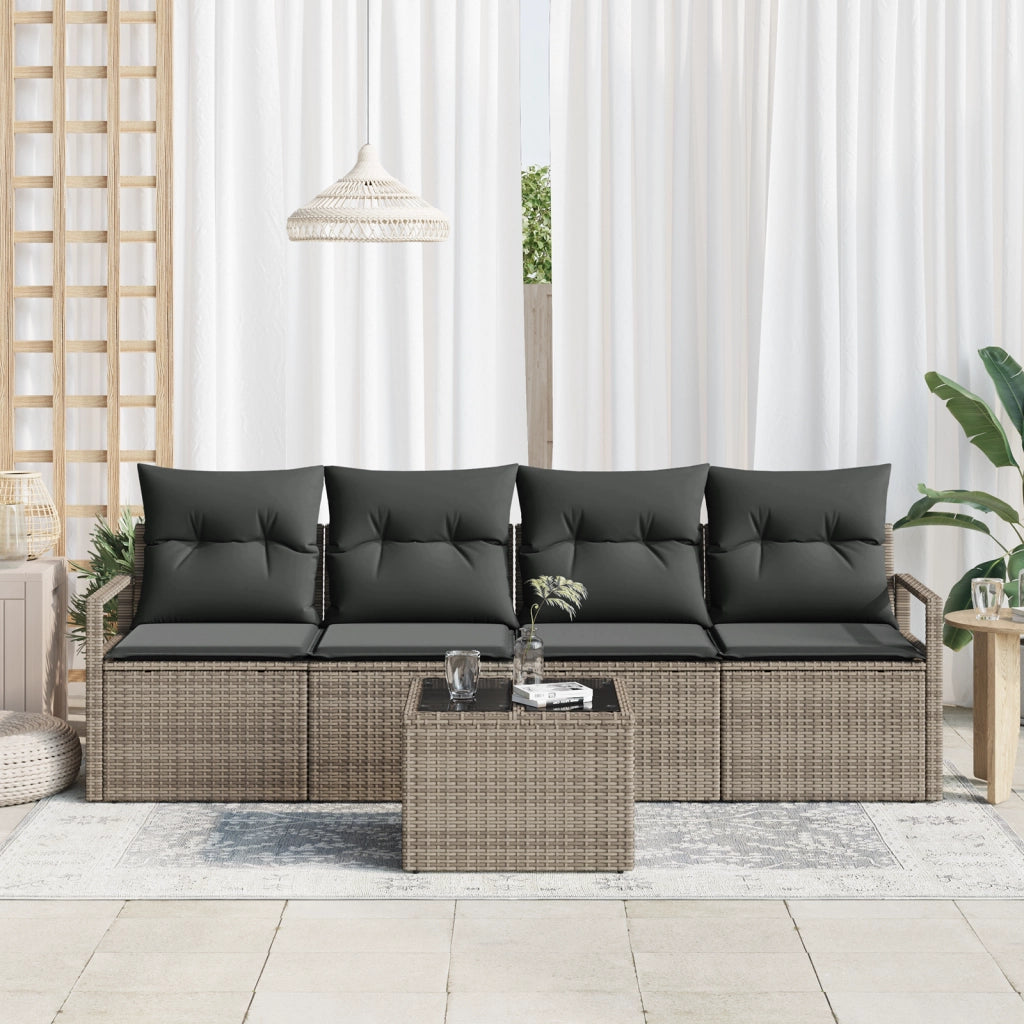 Set Divano da Giardino 5 Pezzi con Cuscini Grigio Polyrattan