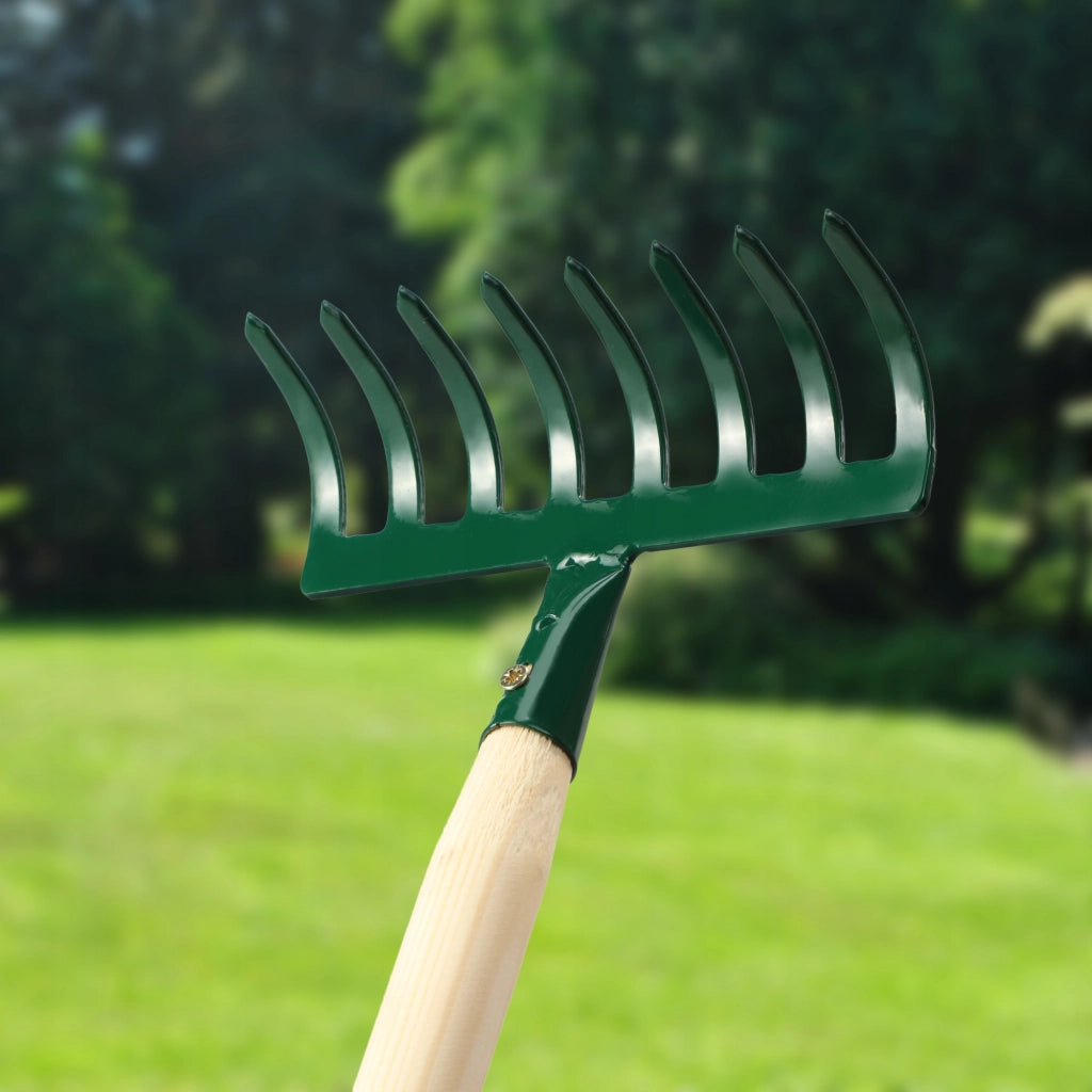 KADAX Piccolo rastrello per foglie ed erba da giardino, 36 cm, 8 denti, manico in legno