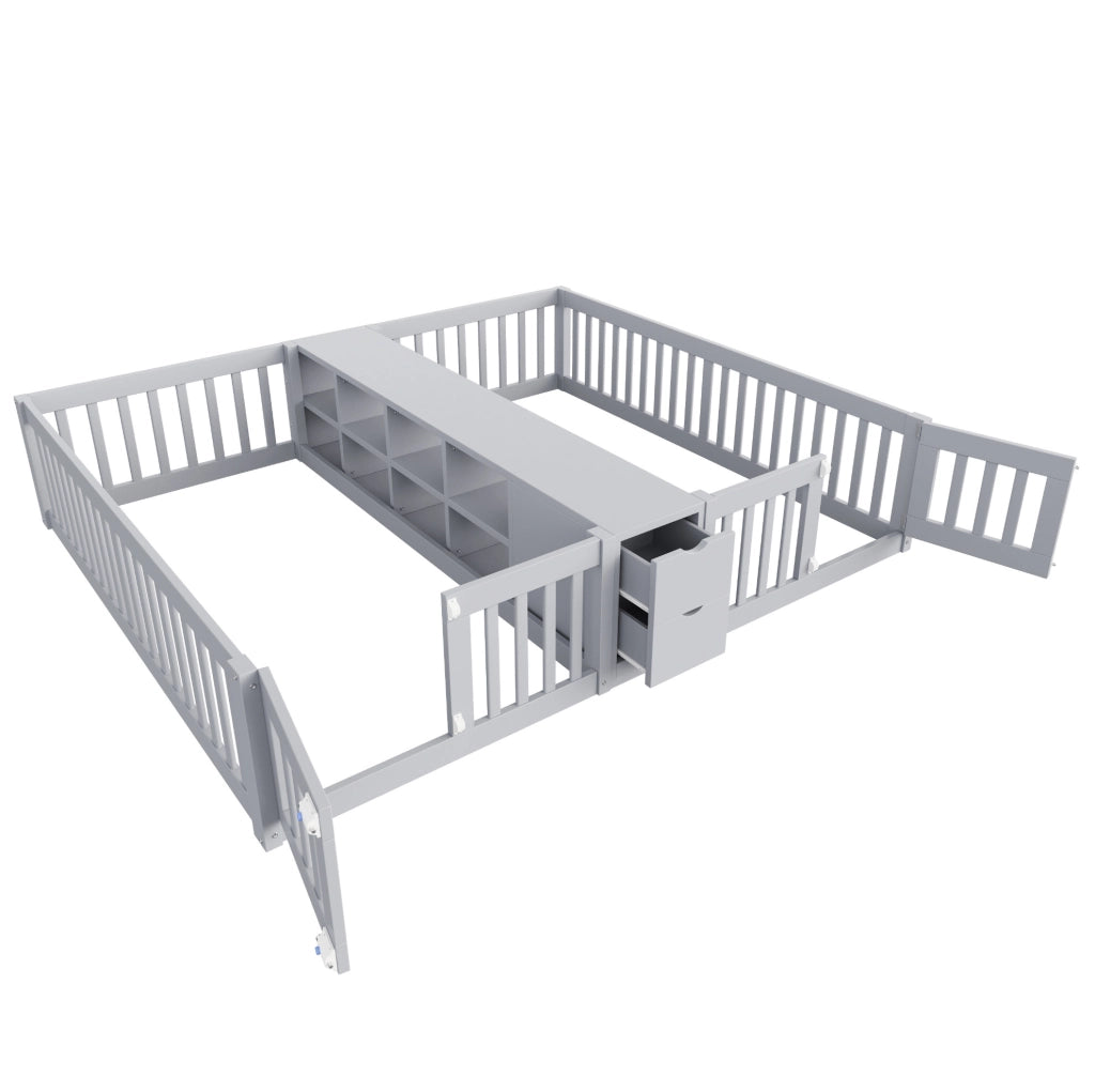 Letto doppio per bambini 90x200 cm grigio in legno con contenitori e sponde alte