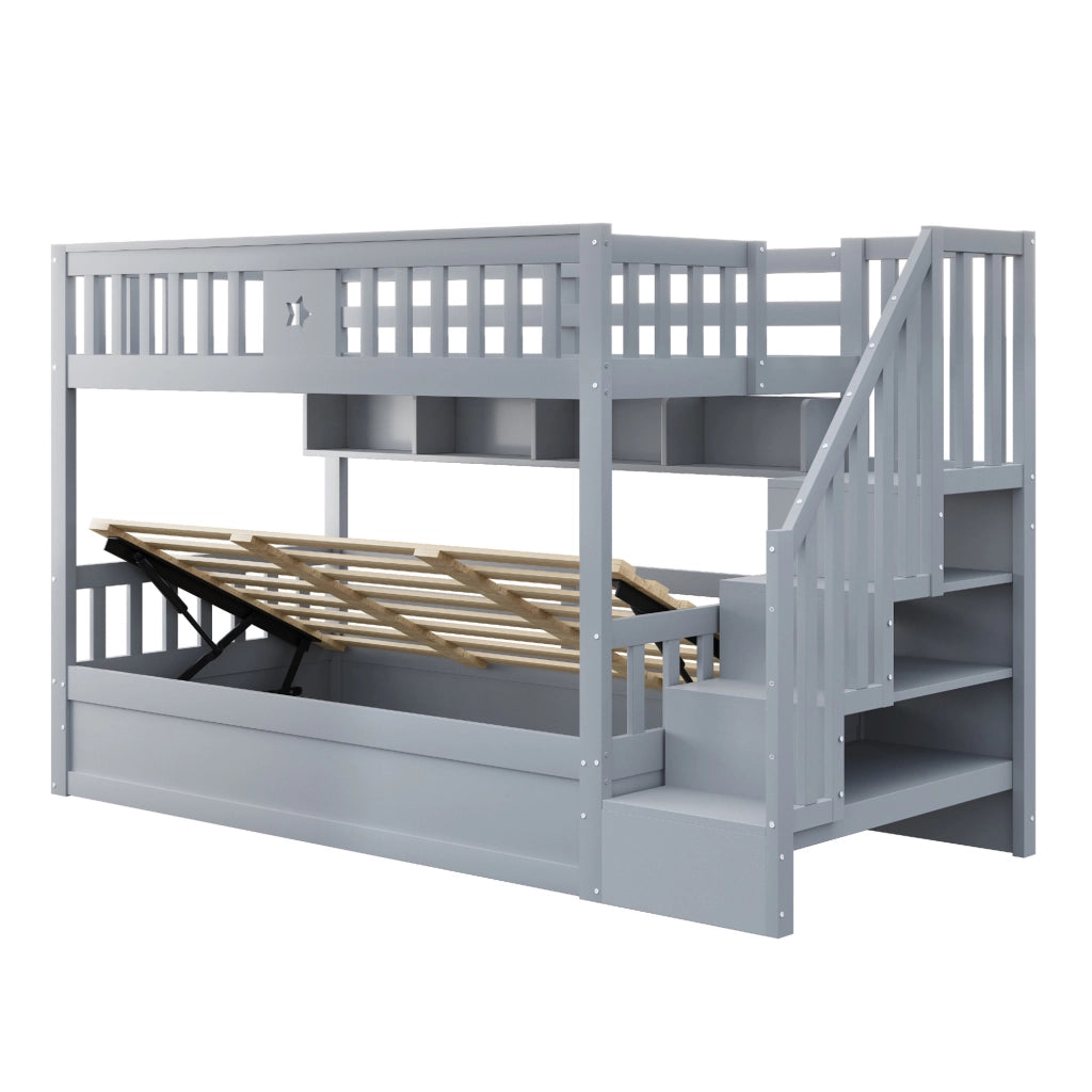 Letto a castello 90x200 cm in legno grigio con letto inferiore idraulico; ripiani e scala contenitore