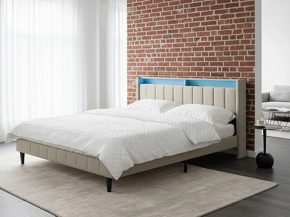 Letto matrimoniale LED Beige Tessuto EU Super King Size 180 x 200 cm Testiera imbottita con porta USB Desing moderno