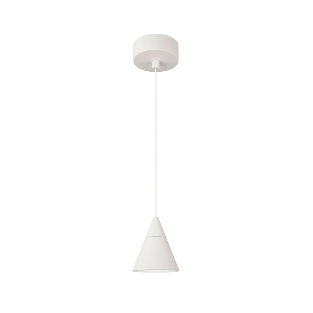 Lampada a sospensione Zoe 7W LED con design conico, fascio luminoso 38º, temperatura 2700K, finitura bianco opaco, indice UGR<19 e CRI>90