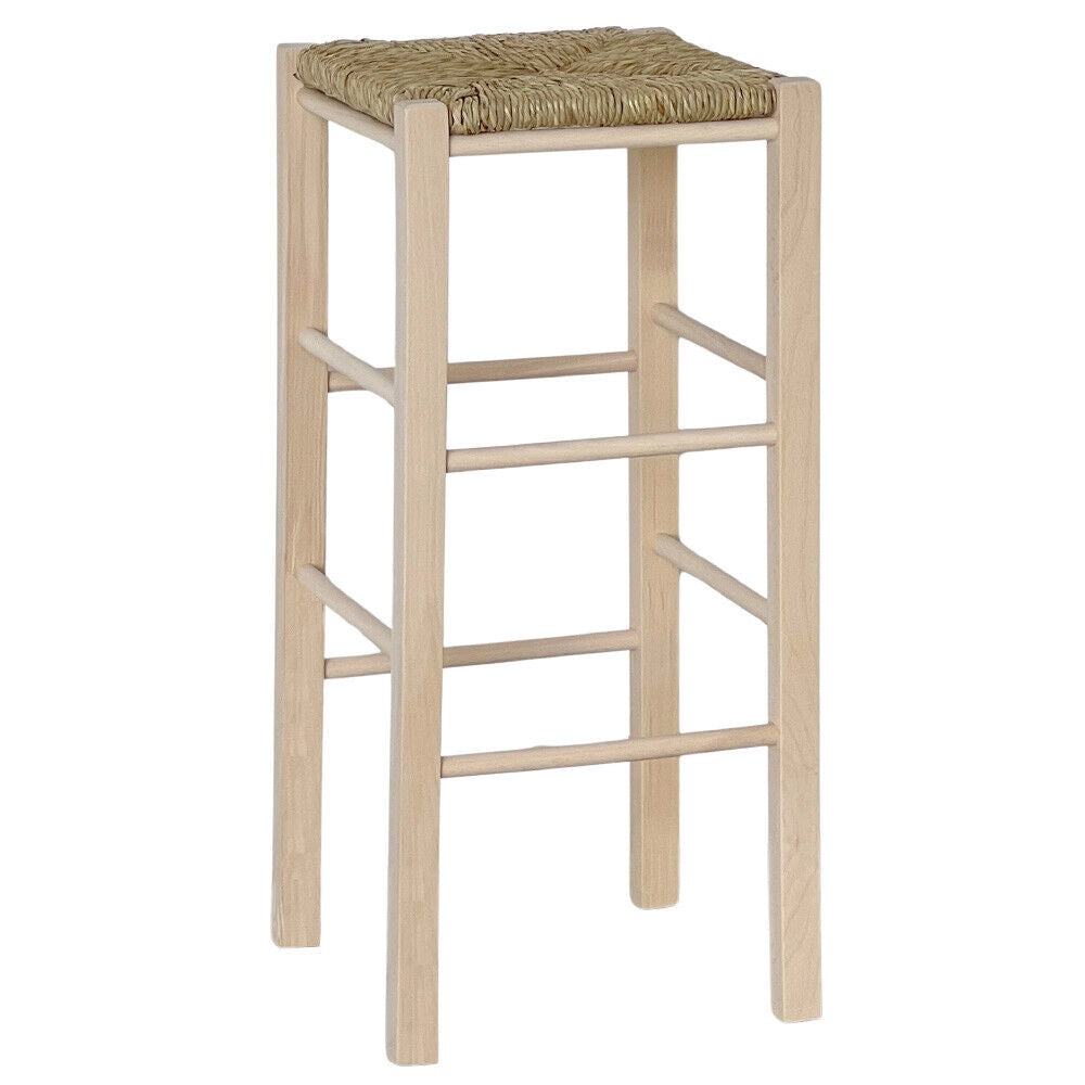 Sgabello da bar h 70 cm in legno da dipingere con sedile in paglia quadrato