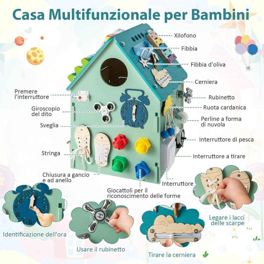 Occupato Montessori per Bambini, Casa da Gioco Montessori con Giochi Sensoriali e Spazio Interno, Giocattolo Educativo e Regalo per Bambini 3 Anni+ (Blu)