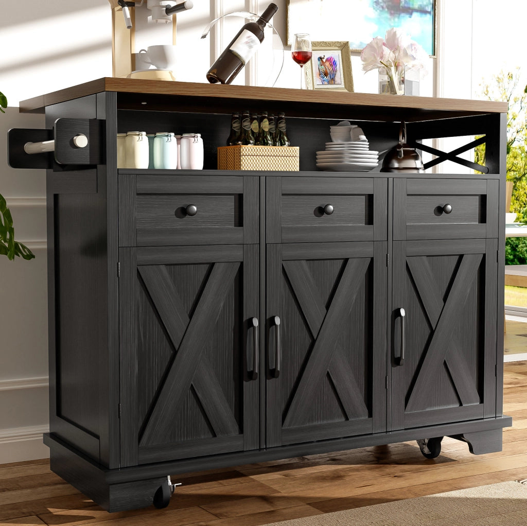 Isola cucina mobile nera con piano pieghevole e ruote
