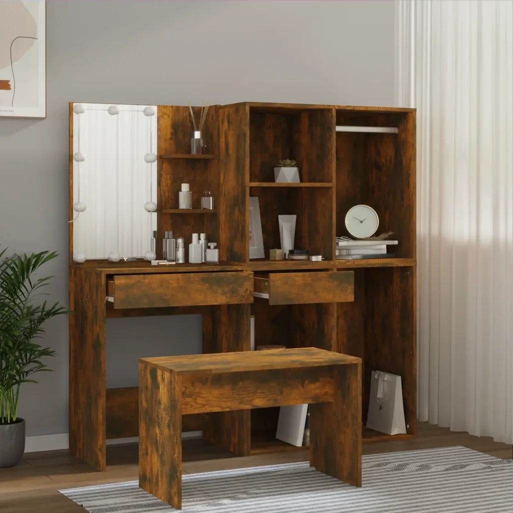 Set Tavolo da Toeletta con LED Rovere Fumo in Legno Multistrato 3114104