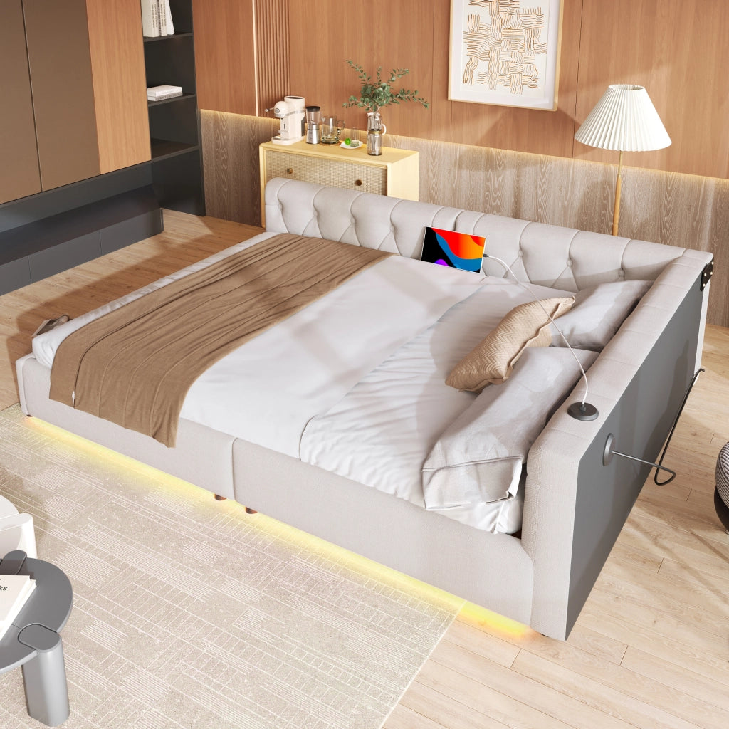 Letto divano con rete a doghe in lino beige 140x200 cm