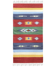 Tappeto KELIM 03 disegni etnici orientali colori vivaci cm.120x180 tessuto e frangia 100% cotone, lavabile in lavatrice
