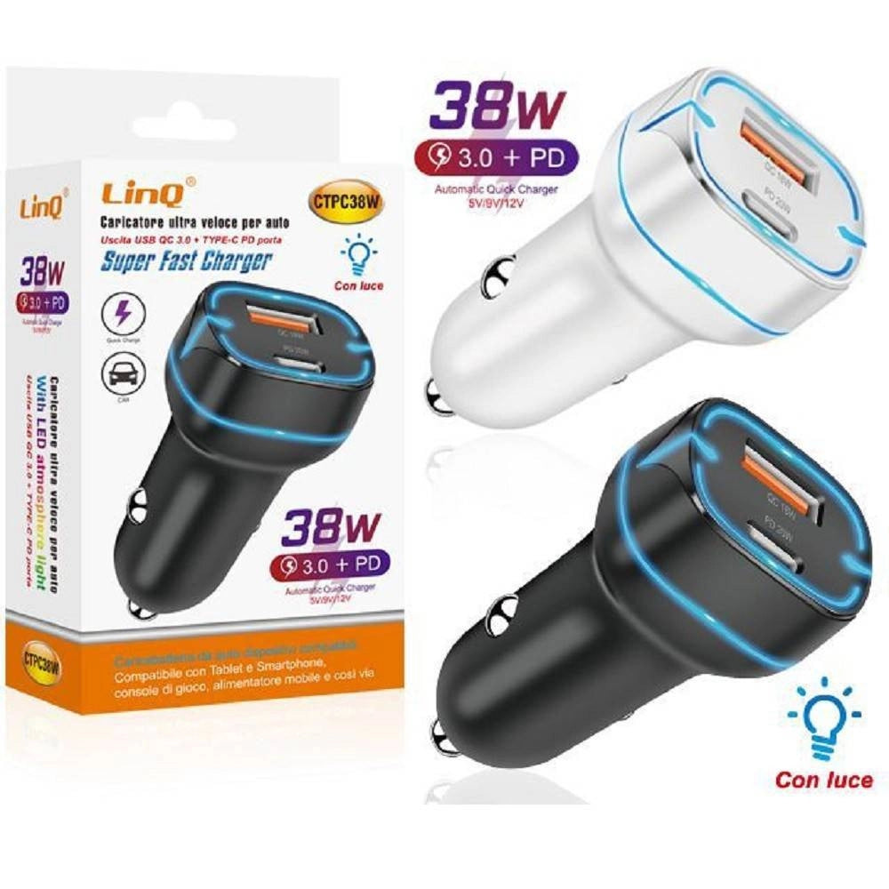 Trade Shop - Caricatore Auto Led Qc Pd 38w Caricabatterie Type C Usb Accendisigari Rapido Ctpc38w -