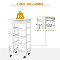 Carrello da Cucina Salvaspazio in Legno Bianco, Portavivande con 1 Piano di Lavoro 1 Cassetto e 4 Cestelli Metallici, 47x37x83cm