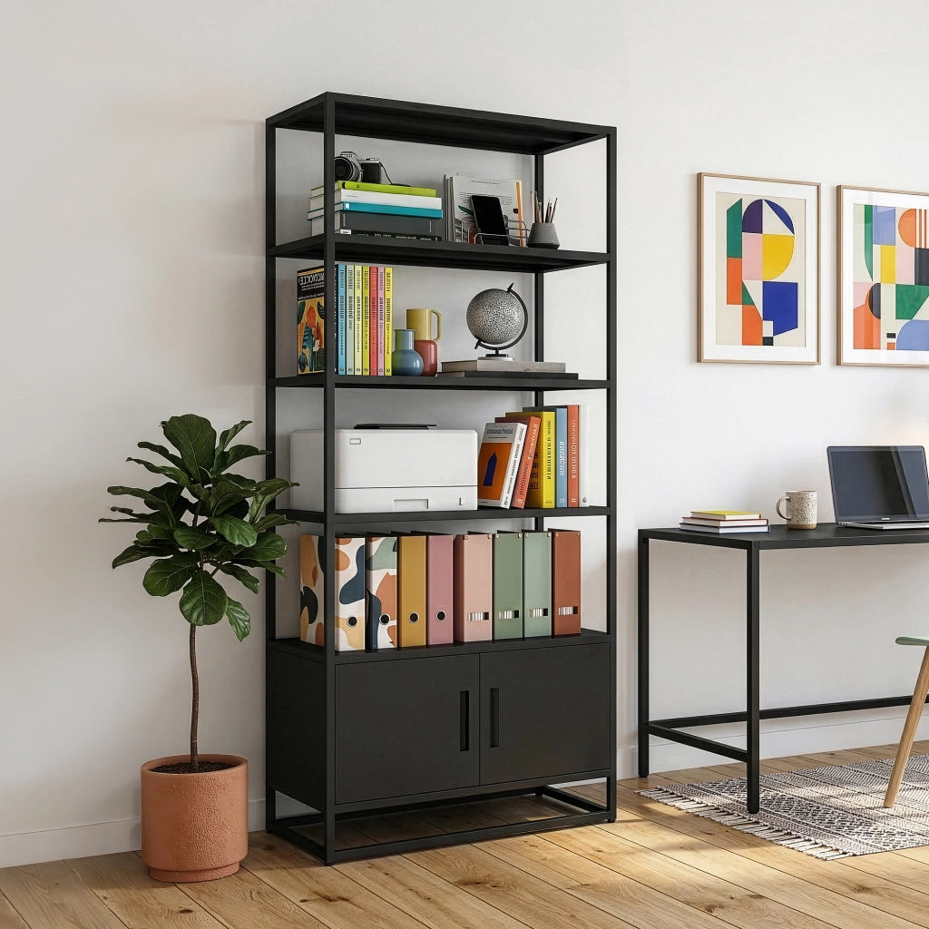 Libreria Hailuoto Scaffale in Acciaio con Ripiani Aperti e Armadietto 180x80x40 cm Nero opaco [en.casa]