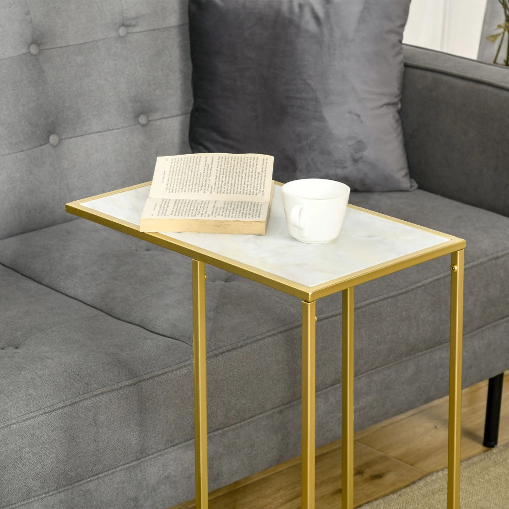 EASYCOMFORT  Tavolino da Salotto con Piano Effetto Marmo e Base in Metallo, 48x30.5x61cm, Bianco e Oro