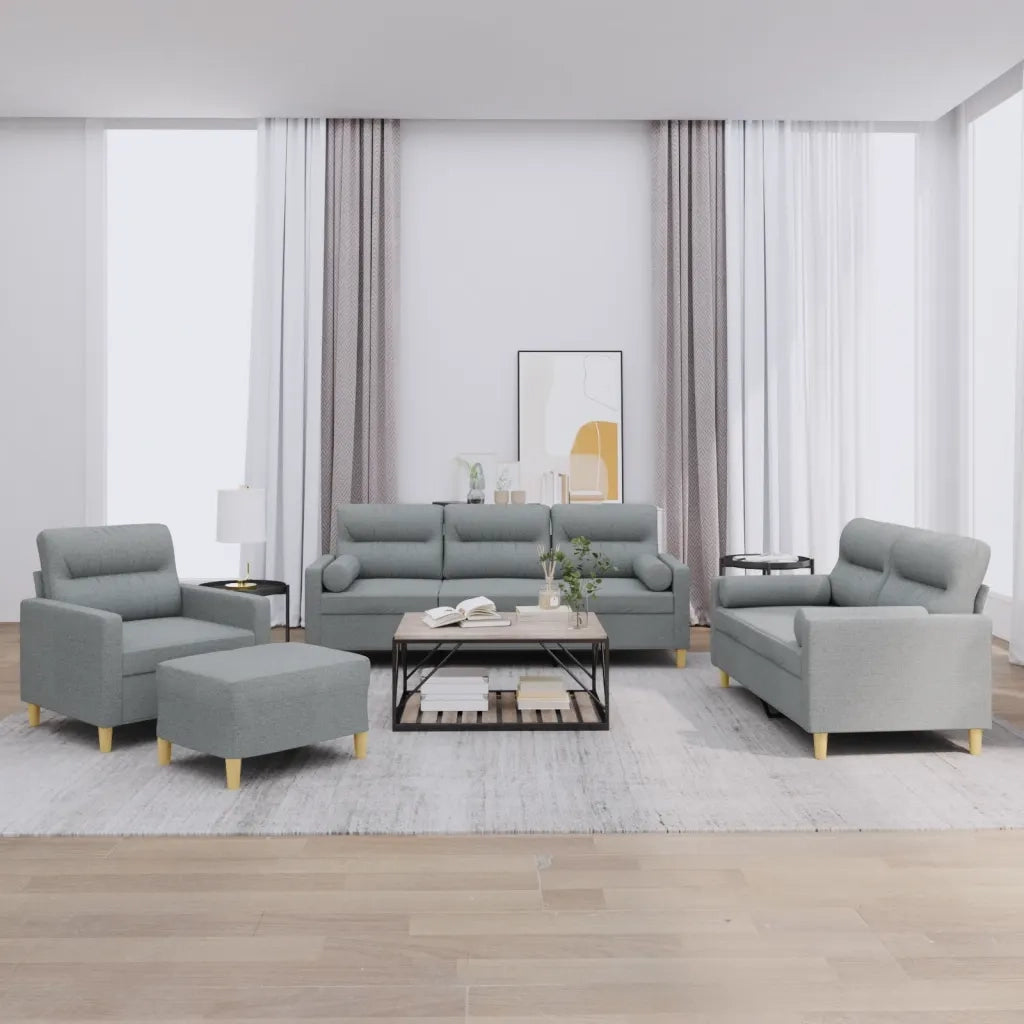 Set Divani 4 pz con Cuscini Grigio Chiaro in Tessuto