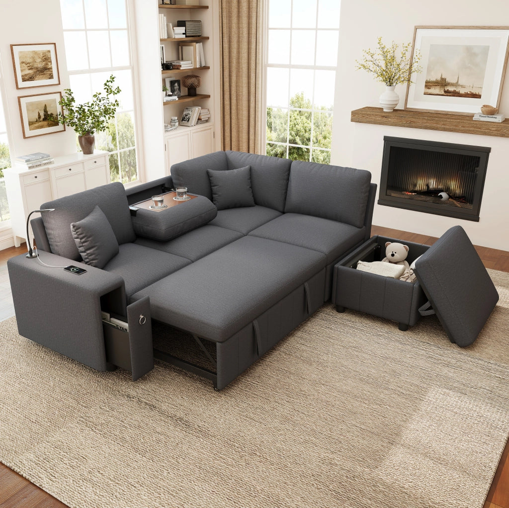 Divano angolare modulare 5 posti con letto estraibile; pouf contenitore; USB e Type-C; grigio