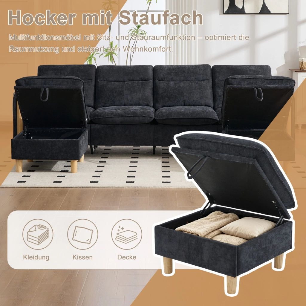 Divano modulare a U a 4 posti con 2 pouf contenitore; in chenille nero; 261 x 77 x 86 cm