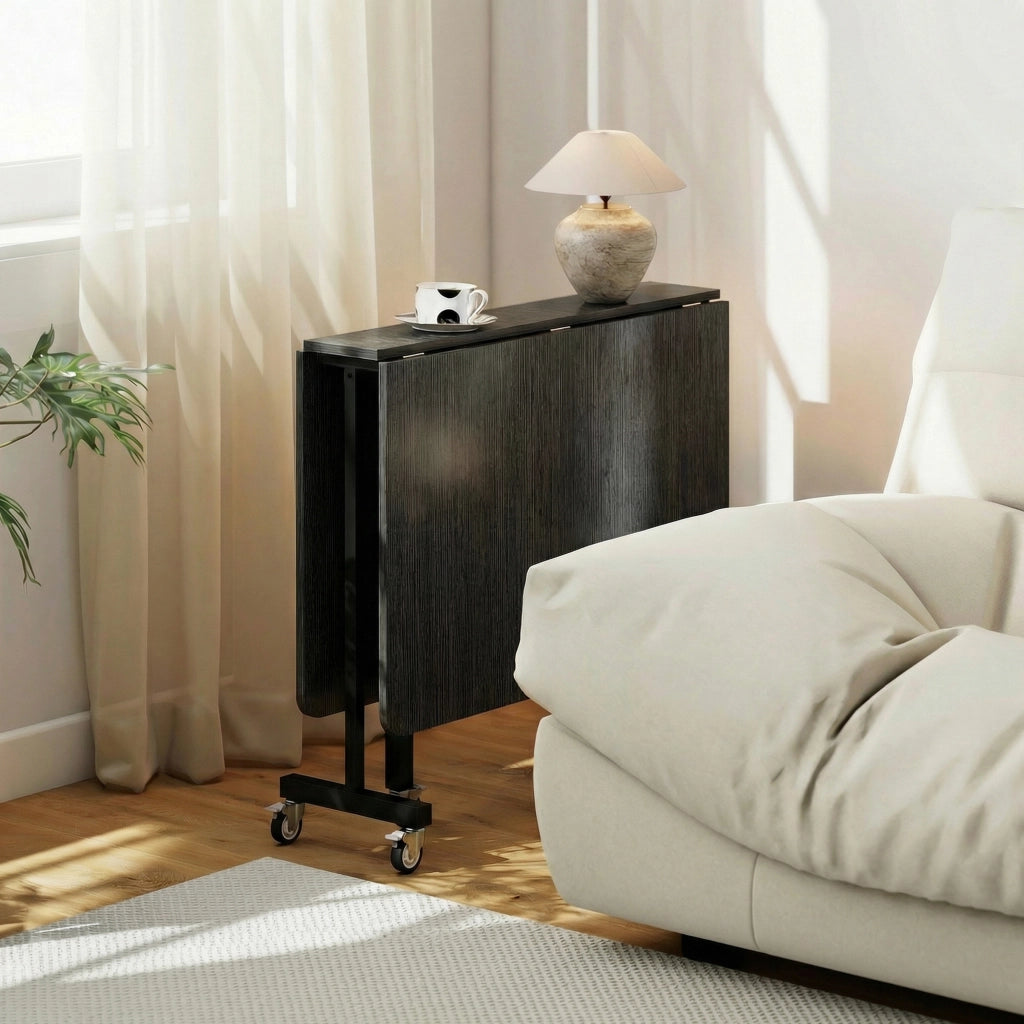 Tavolo Pieghevole per 4-6 Persone 120x80x73 cm con 2 Ribalte e Ruote con Freno Struttura in Acciaio Nero Effetto Legno