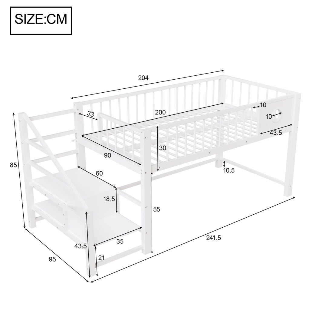 Letto a soppalco basso 90x200 cm con scala contenitore in metallo bianco