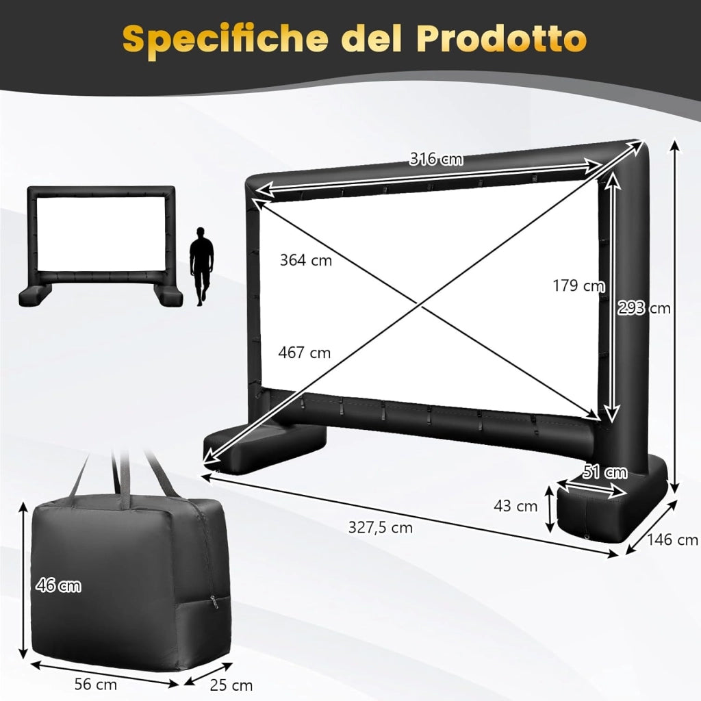 Schermo Proiettore Gonfiabile 16:9, Schermo Gonfiabile per Esterni con Soffiatore, Schermi di Proiezione con Borsa per Trasporto e Picchetti, 317x179 CM (Modello 2)