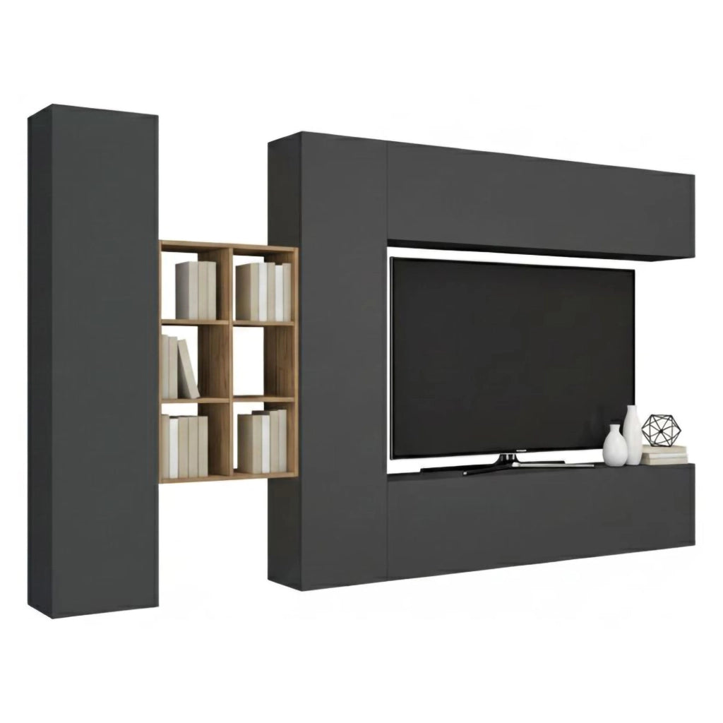 Parete attrezzata Agna, Set salotto porta TV a 4 ante, Mobile soggiorno multiuso, 100% Made in Italy, cm 280x30h180, Antracite e Acero