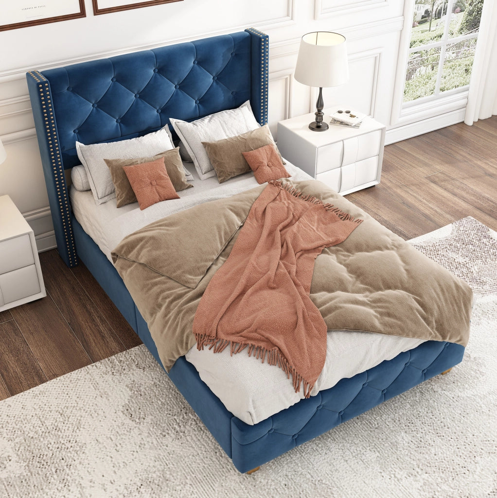 LETTO imbottito 90x200 cm in velluto blu con rete a doghe