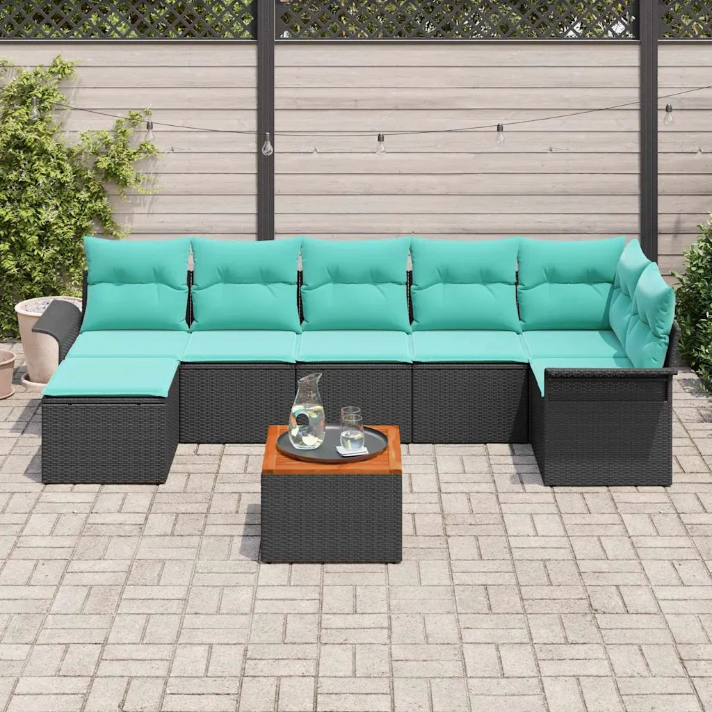 Set Divano da Giardino 8 pcs Nero e Turchese polyrattan