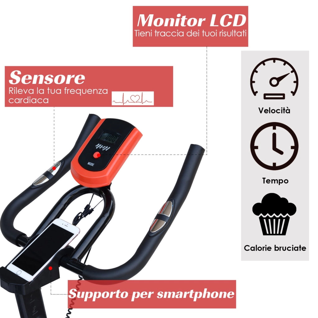 EasyComfort Cyclette da Casa con Resistenza Regolabile, Cyclette Professionale da Camera con Sella e Manubrio Regolabile, Monitor LCD, Sensore Battito Cardiaco Porta Celullare e Volano 6kg, Max.100kg