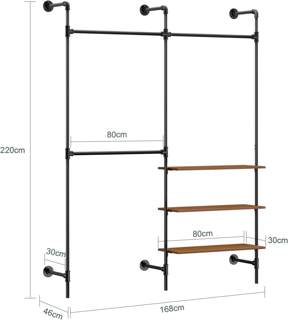 Appendiabiti a Parete con 3 Aste Appendiabiti + 3 Ripiani MDF, Porta Abiti per Camera da Letto, 168x46x220cm, Industriale Nero KLS18-SCH