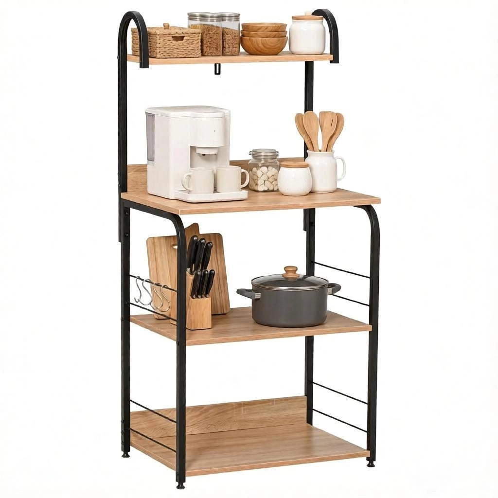 SCAFFALE DA CUCINA 60x40x125 cm Legno naturale e nero con 4 ripiani e 4 ganci