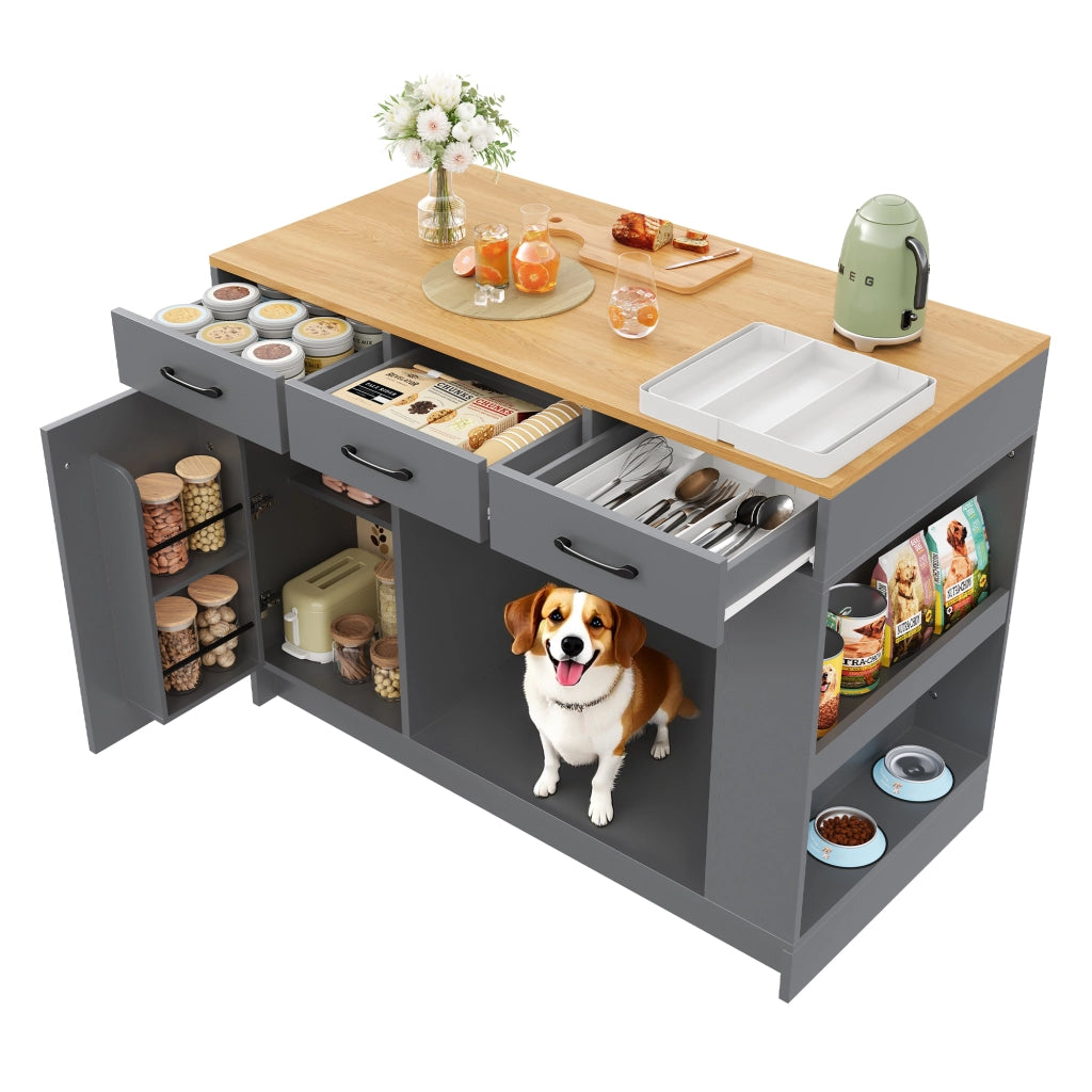 Carrello da Cucina con 3 Cassetti; Portaspezie; Ripiano Regolabile e Vano per Animale; in MDF; 120x60x90 cm; Grigio e Naturale