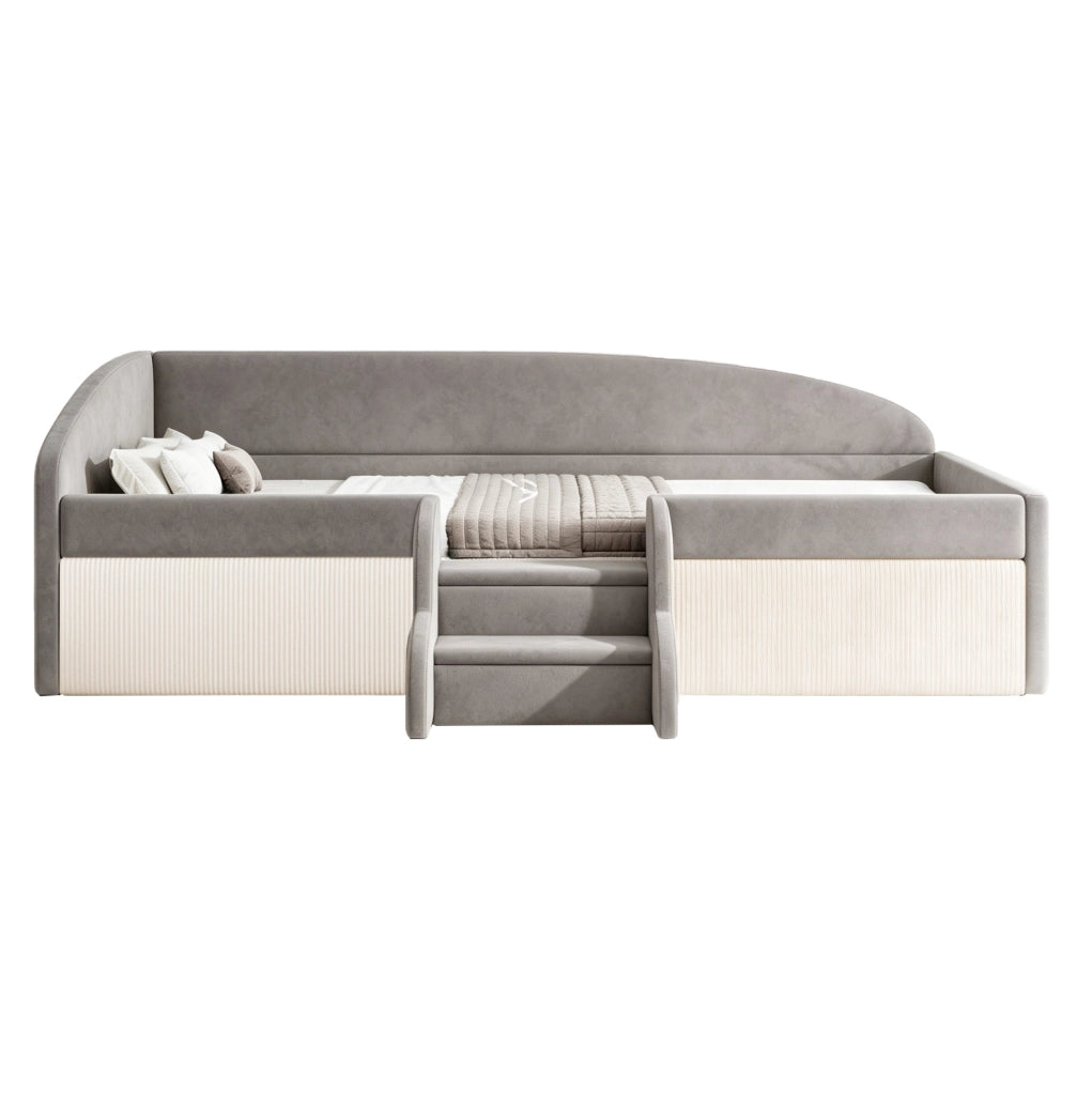 LETTO Imbottito per Bambini 90x190 cm Grigio con Gradini e Sponde
