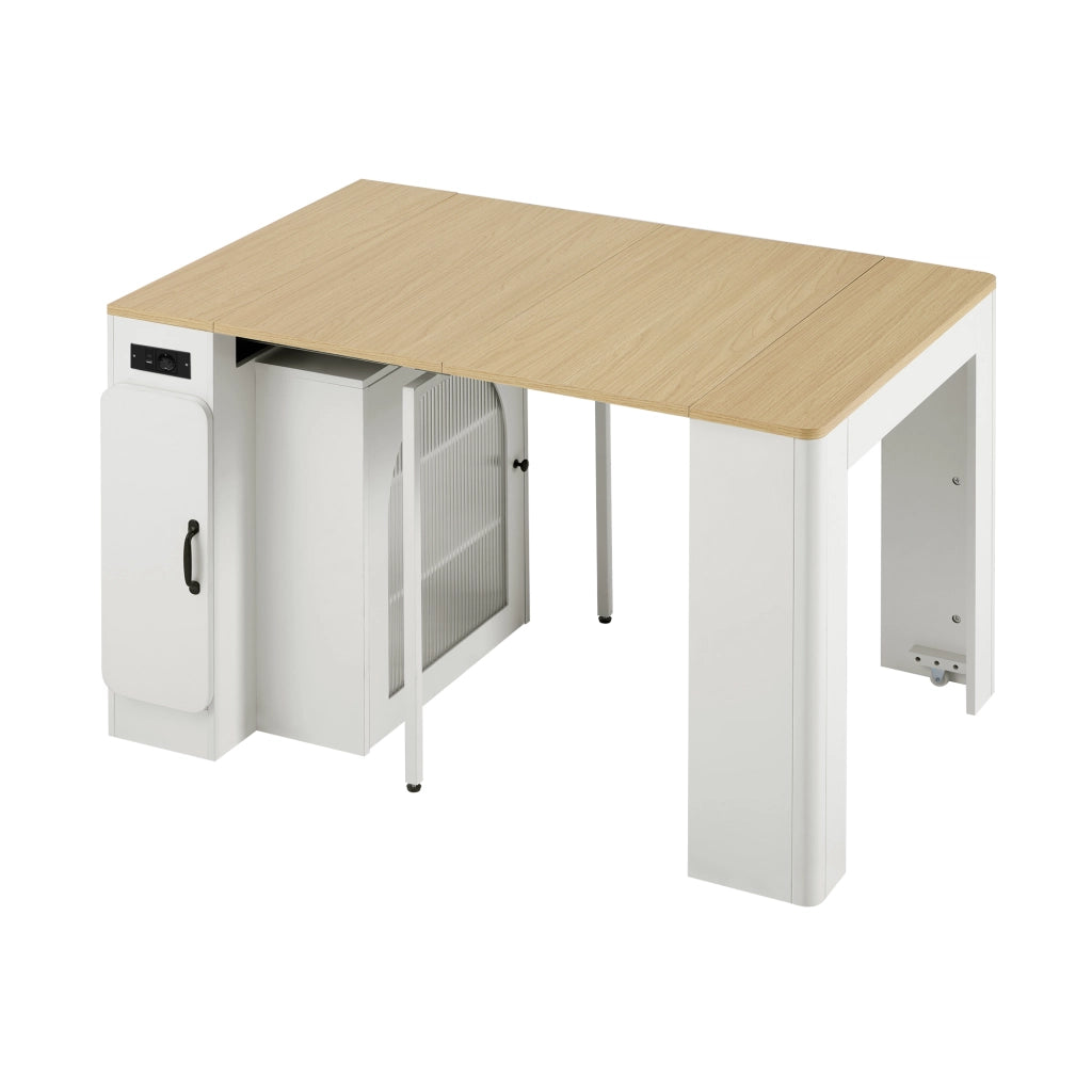 Carrello da Cucina con Tavolo Estensibile; 3 Piani; Vani; Ruote; LED e Prese; in MDF e Vetro; Bianco Naturale