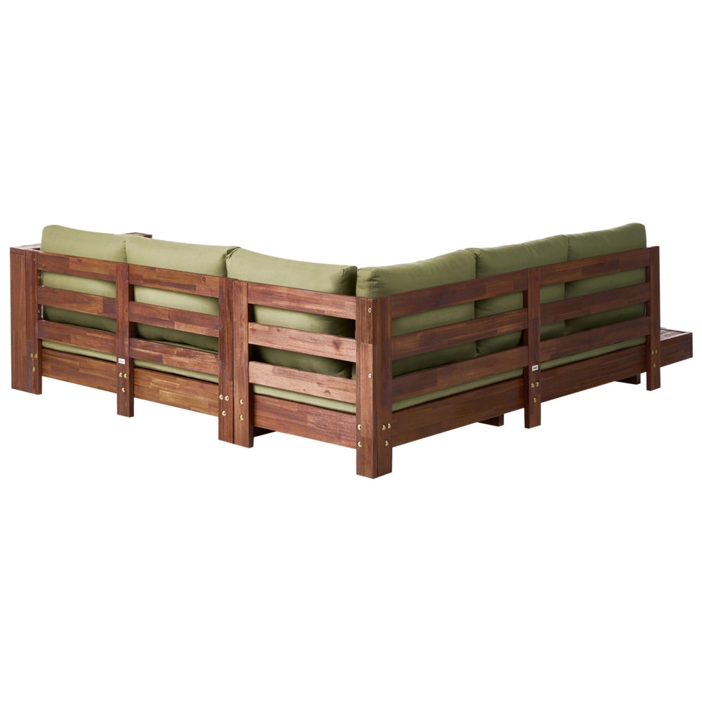 Set Lounge da Giardino ad Angolo Sinistro da 5 Posti con Tavolino Laterale e Cuscini Verdi in Legno di Acacia Certificato Chiaro