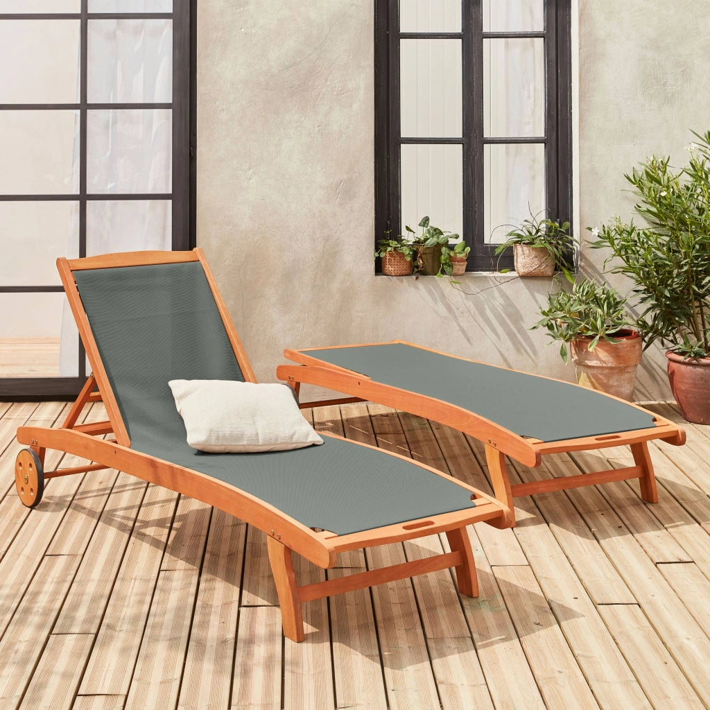 Set 2 lettini prendisole in legno multiposizione con ruote, verde kaki