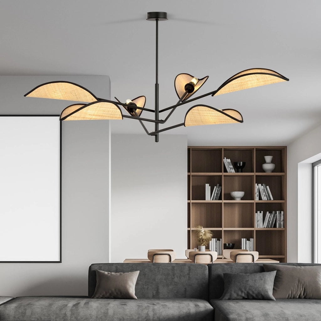 Lampada a sospensione Vene in acciaio nero e rattan