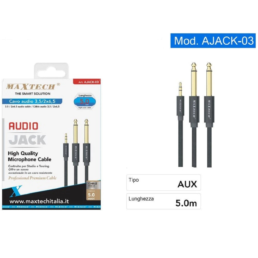 Trade Shop - Cavo Audio Aux 3.5mm Maschio A Doppio Cavo Jack 6.5mm Maschio Mono 5mt Ajack-03 -