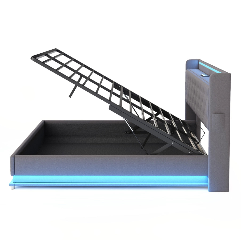 Letto imbottito LED 160x200 cm con USB e contenitore idraulico; tessuto grigio
