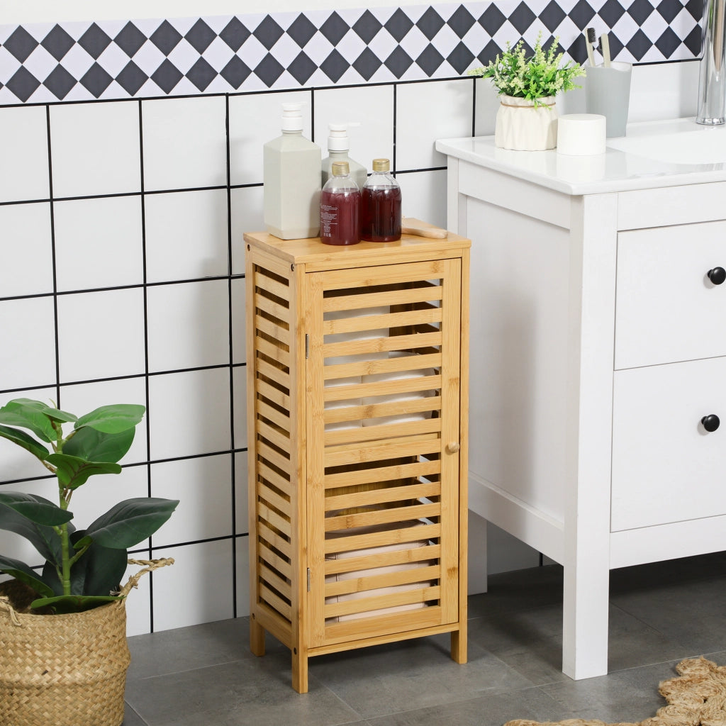 Armadietto da bagno in bambù con 1 anta a lamelle e ripiano regolabile, per bagno, naturale, 30 × 19,9 × 70 cm