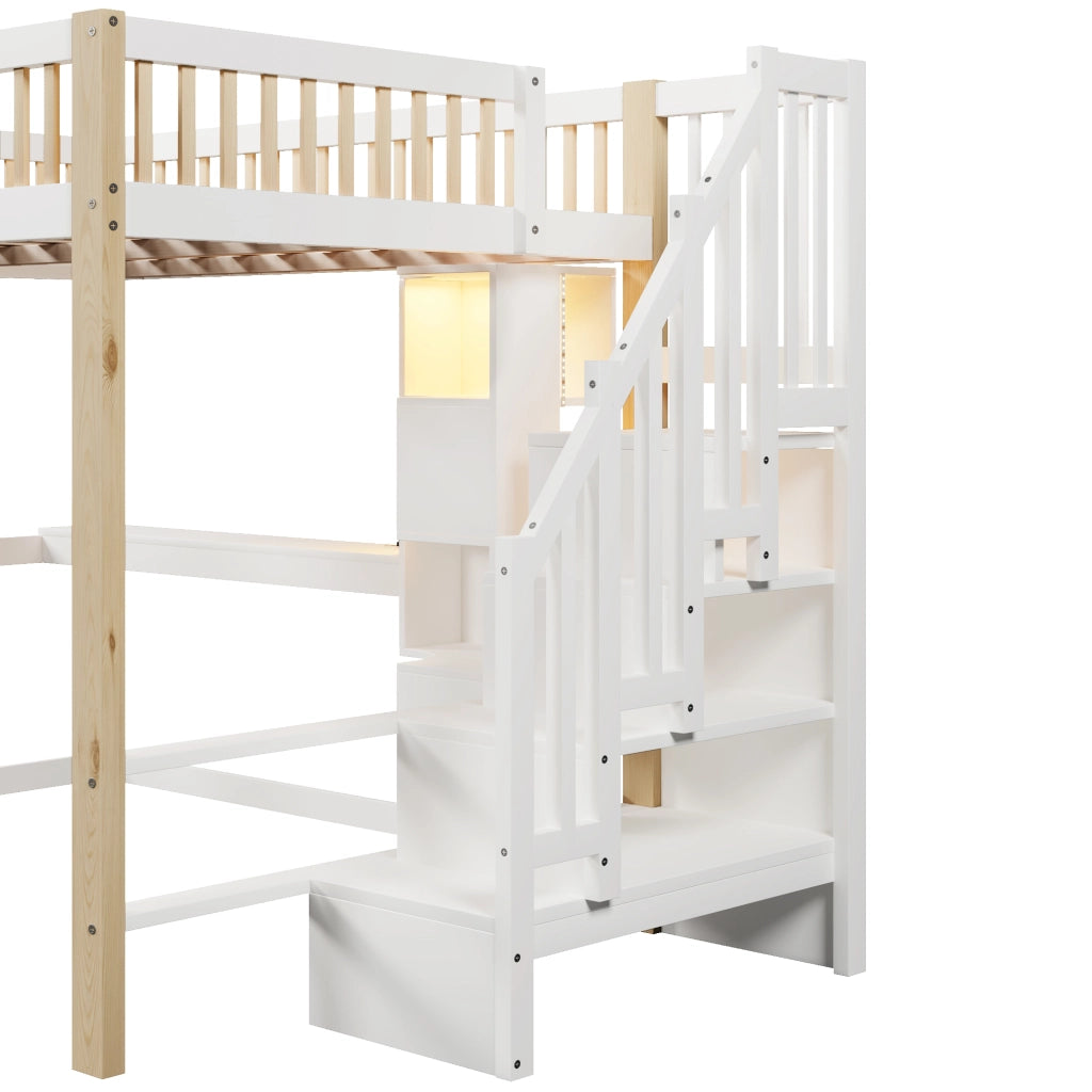 Letto a Soppalco 140 x 200 cm Matrimoniale con LED; Scrivania e Scala Contenitore; senza Materasso; Bianco Naturale