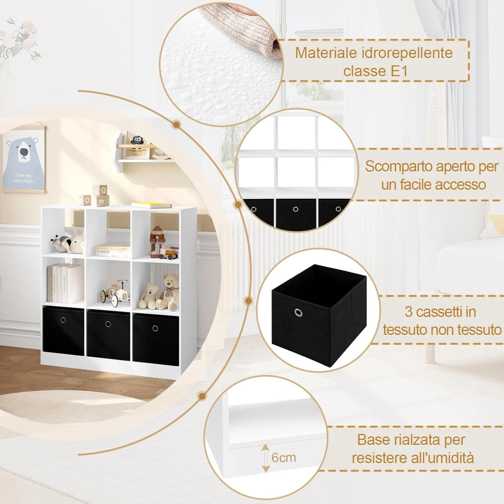 Libreria Bianca, Libreria a 9 Cubi Portaoggetti, Scaffale in Legno con 3 Cassetti in Tessuto Non Tessuto, per Soggiorno, Camera da Letto, Ufficio, 80x30x86,5 cm, SK041ws