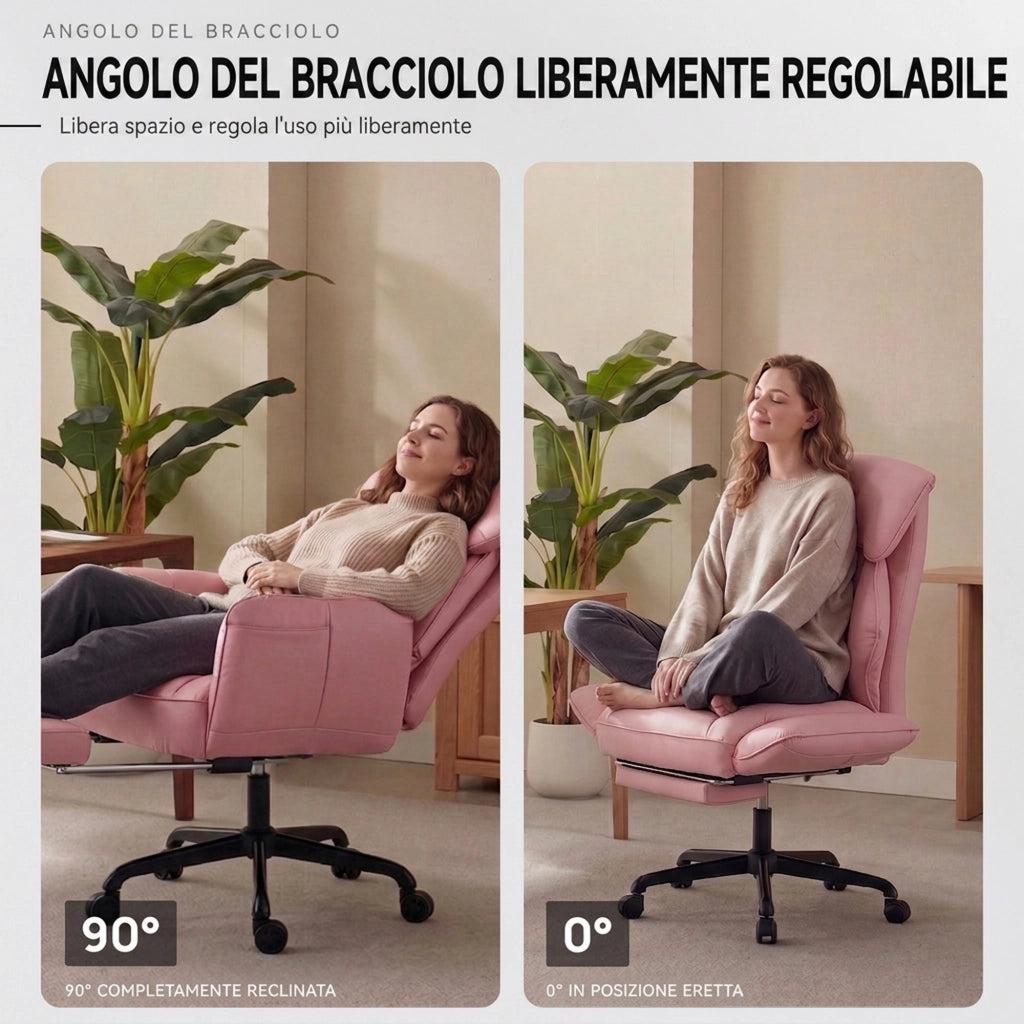 Sedia da ufficio ergonomica - Con corrimano e poggiapiedi - Con braccioli regolabili - Schienale regolabile - Rosa