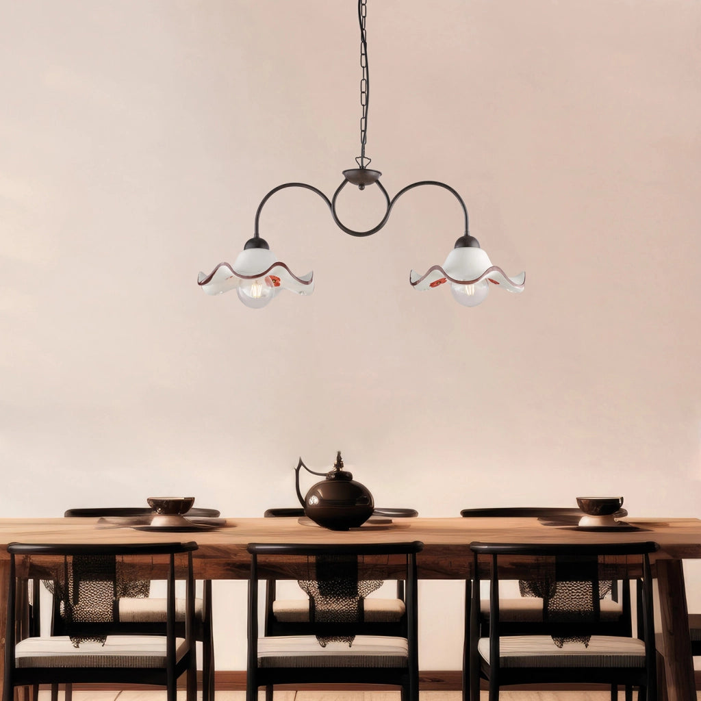 Bilanciere 2 Luci Anemone In Ferro Laccato Ruggine E Ceramica Decorata