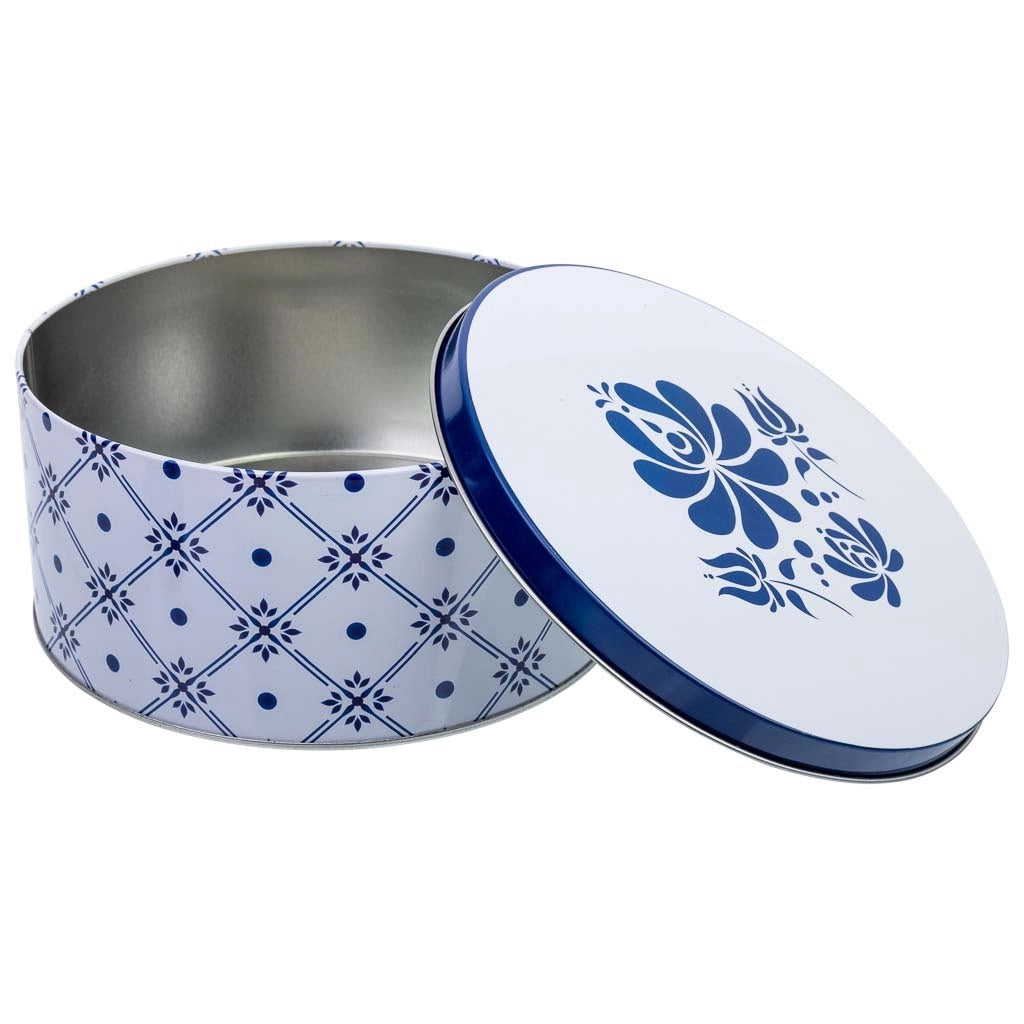 Set 3 contenitori in metallo blu e bianco D20x9h-D18,5x7,5h-D14x6,5h cm