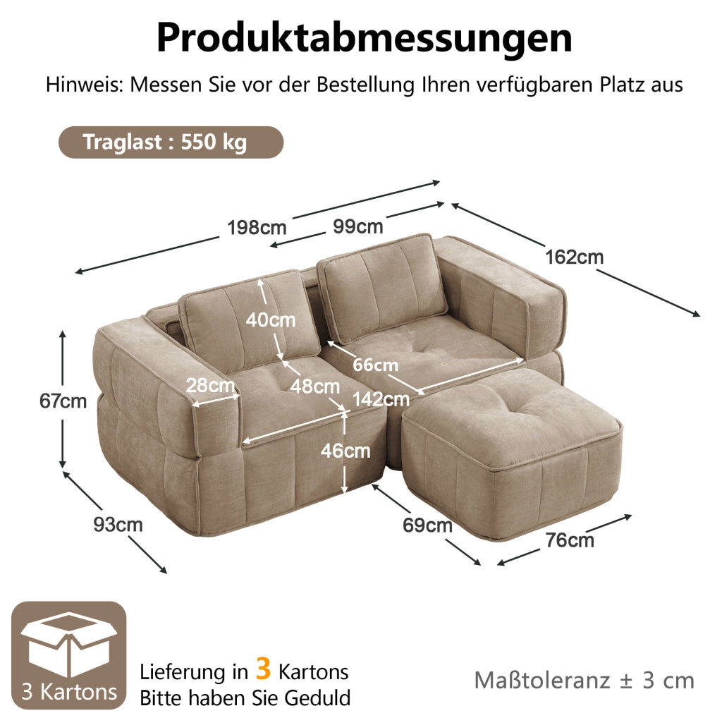 Divano modulare angolare con pouf 198x162x67 cm in poliestere color sabbia